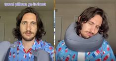 a man wearing a neck pillow in front of his face and another person with long hair