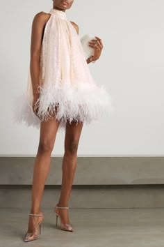 Silver Cindy feather-trimmed sequined tulle mini dress | 16ARLINGTON | NET-A-PORTER Sequin Dress Feathers, Vintage Bride Short Dress, Silk And Feather Dress, Ostrich Feather Wedding Dress Short, White Dresses With Feathers, Dress For Your Birthday, Feather Trim Mini Dress, Party Season Fashion, Sequin Tulle Dress