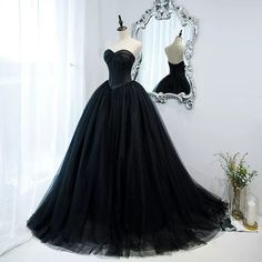 Black Bridal Ballgown With Satin Bodice, Fluffy Tulle Skirt With Long Train, Strapless, Elegant Wedding Gown, Puffy Gown With Long Train - Etsy Black Tulle Prom Dress, Black Ball Gown, Black Evening Dress, Princess Prom Dresses, Gothic Wedding Dress, Strapless Prom Dress, Goth Wedding, Princess Ball Gowns, Black Party Dresses