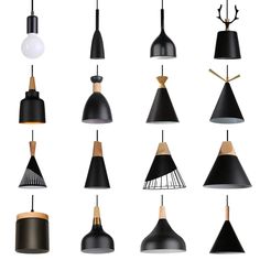 various types of lamps hanging from the ceiling and in different shapes, sizes and colors