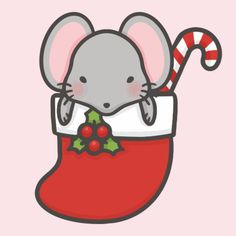 a cartoon mouse in a christmas stocking with candy canes on it's nose