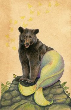 a drawing of a bear sitting on top of a banana