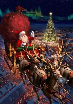 santa claus is riding in his sleigh with reindeers on it's back