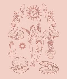 an image of the sun and other things in pink ink on a light pink background