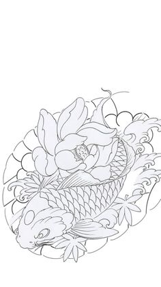 a drawing of a fish and flowers on a white background