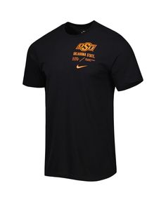 This Nike Oklahoma State Cowboys Team Practice T-shirt features bold graphics that help you stand out in the crowd. The Dri-fit technology wicks away moisture and keeps you dry on game day. Gear up as if you're ready to run out of the tunnel like your favorite players when you rock this awesome tee. Black Graphic Tee For Sports Season, Nike Black Fan Apparel T-shirt, Nike Black Sporty T-shirt, Nike Team Spirit T-shirt For Streetwear, Nike Black T-shirt With Team Logo, Nike T-shirt For Streetwear With Team Spirit, Nike Black Tops With Team Logo, Black Nike Top With Team Logo, Black T-shirt With Graphic Print For Sports Season