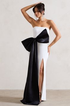 Chic Dress For Black-tie Events With Fitted Bodice, Chic Fitted Bodice Dress For Black-tie Events, Strapless Formal Dress With Detachable Train, Formal Strapless Dress With Detachable Train, Strapless Dress With Bow For Black-tie Events, Strapless Dress With Fitted Bodice For Black-tie Events, Chic Wedding Gown With Bow Detail, Chic Wedding Gown With Bow, Elegant Dresses With Bow For Black-tie Events