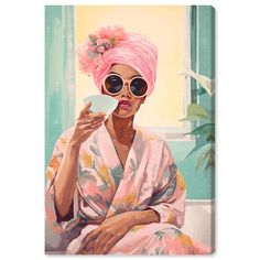 a painting of a woman with sunglasses and a pink towel on her head sitting in front of a window