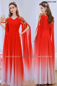 10% off now|Free shipping world-wide. Ombre Chiffon Flowing Long Sleeves Party Dress With Gold Sequin at GemGrace. Click to learn our pro custom-made service for wedding dress, formal dress. View #SpecialOccasionDresses for more ideas. Red A-line Chiffon Party Dress, Long Festive Dress For Banquet, Long Festive Banquet Dress, Party Georgette Long Maxi Dress, Party Georgette Maxi Dress, Georgette Maxi Dress For Party, Summer Party Gown In Georgette, Red Chiffon Maxi Dress For Banquets, Long Sleeve Georgette Maxi Dress For Banquet