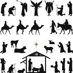 the silhouettes of people and animals in nativity