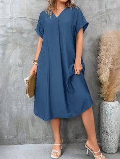 Plus Solid Batwing Sleeve Tunic Dress Navy Blue Casual  Short Sleeve Woven Fabric Plain Tunic Non-Stretch  Women Plus Clothing, size features are:Bust: ,Length: ,Sleeve Length: Plain Tunic, Sukienki Plus Size, Casual Dresses Plus Size, Simple Frocks, Modest Dresses Casual, Long Frocks, Lace Overlay Dress, Vestido Casual