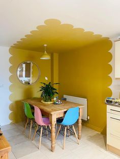 a kitchen with yellow walls and colorful chairs around the table in front of a potted plant