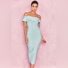 Brand : House Of Cb Style : Amadea Pale Blue Fluted Off Shoulder Dress Color : Pale Blue Size : S New With Tags True To Size, Stretchy Material Measurements Flat P2p 14-19” Waist 11-15” Hips 15-20” Full Length 42” Same Day Shipping Open For Offers Pet / Smoke Free Environment Blue Spring Bodycon Dress, Feminine Blue Midi Dress For Date Night, Light Blue Fitted Maxi Dress For Cocktail, Fitted Light Blue Maxi Dress For Cocktail, Light Blue Summer Midi Dress For Night Out, Light Blue Spring Dress For Night Out, Chic Light Blue Dresses For Night Out, Blue Sheath Dress For Spring, Light Blue Midi Dress For Cocktail