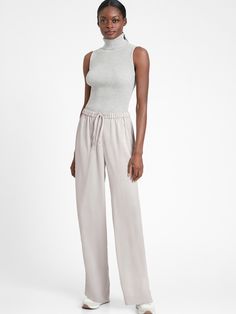 Wide-Leg Satin Pull-On Pant | Banana Republic Elegant Stretch Viscose Pants, Elegant Stretch Wide Leg Viscose Pants, Elegant Stretch Viscose Wide Leg Pants, Elegant Fitted Wide Leg Viscose Pants, Elegant Fitted Viscose Wide Leg Pants, Satin Ankle-length Wide Leg Pants For Work, Lauren Bacall, Satin Pants, Petite Shorts