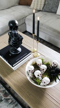 Skeleton decor. Skulls bowl filler. Spider decor. Witchy Coffee Table Decor, Halloween Decor For Coffee Table, Halloween End Table Decor, Halloween Decor Centerpiece, Classy Halloween Table Decor, Halloween Coffee Table Decor Ideas, Halloween Decor Coffee Table, Halloween Kitchen Table Centerpiece, Easy Halloween Centerpieces For Table