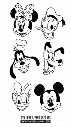 the mickey mouse faces are shown in black and white, as well as some other cartoon characters