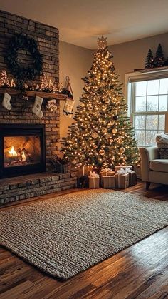 a living room with a christmas tree in the corner