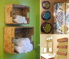 three pictures of bathroom decor with towels and toiletries on the wall in different ways