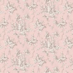 a pink wallpaper with white flowers and birds on it's side, in the middle