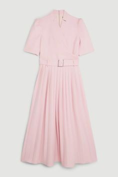 Structured Crepe Notch Neck Wrap Belted Forever Midi Dress | Karen Millen Elegant Fitted Belted V-neck Dress, Classic Tailored V-neck Dress, V-neck Box Pleat Dress For Work, Classic V-neck Dress With Fitted Waist, Classic V-neck Semi-formal Dress, Pleated V-neck Dress With Fitted Waist, Elegant Fitted V-neck Dress For Daywear, Office Midi Dress With Box Pleat, Workwear Midi Dress With Box Pleat