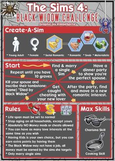 a poster with instructions on how to use the sims 4 black widow challenge game