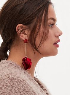 These beautiful earrings end in a collection of petals making these drop earrings a standout for any occasion. Post backs. Base metal. Imported. The best plus size women's red floral petal drop statement earrings in red. Torrid is your destination for cozy fall and winter clothes to keep you warm and comfortable. Red Flower Earrings For Party, Red Flower-shaped Earrings For Spring, Spring Red Dangle Flower Earrings, Red Drop Earrings For Spring, Red Flower Earrings For Valentine's Day, Red Flower Shaped Earrings For Spring, Red Dangle Flower Earrings, Red Earrings For Spring Party, Flower-shaped Earrings For Valentine's Day