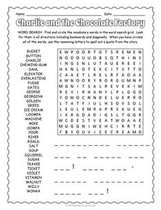 the word search page for charlie and the chocolate factory, which is part of a printable