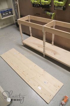 some unfinished wooden shelves in a store