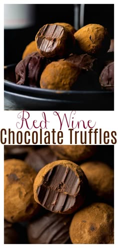 red wine chocolate truffles on a plate with the words, red wine chocolate truffles