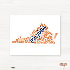 an orange and white virginia state map with the word virginia written in it's letters