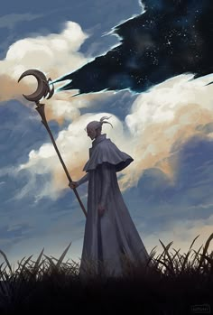 a man with a sceptacle holding a staff in front of a sky filled with clouds