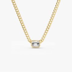 14k Gold Cuban Link Bezel Setting Emerald Cut Diamond Necklace 13 Inches Ferkos Fine Jewelry Baguette Necklace, Emerald Cut Diamond, Emerald Cut Diamonds, Cuban Link, Diamond Color, Custom Necklace, Necklace Sizes, Diamond Gemstone, Bezel Setting