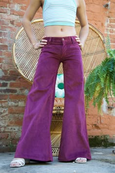 1970's Landlubber ultra low rise elephant bell bottoms  These are Deadstock with tags but do have some fading around the waist as seen in picture  Waist - 29in at 8in rise  hips - 18in across  inseam - 30in To ensure the proper fit please make sure that you measure your waist at the correct rise! if it says 12 in rise measure 12 in up from your crotch and then measure your waist there. The pants from the past do not have elastic like the pants now a days so if you are measuring a 26 you want to buy a 27-28in 70s Outfits 1970s, Purple Flare Pants, Purple Flare Jeans, Purple Flared Pants, Purple Bell Bottom, 1970s Fitted Full-length Pants, 70s Outfits, Seventies Fashion, Gyaru Fashion