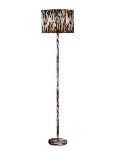 a floor lamp with a zebra print shade