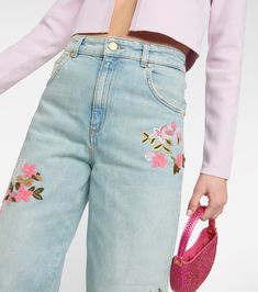 Embroidered High Rise Straight Jeans in Blue - Blumarine | Mytheresa High Waist Floral Embroidery Jeans For Spring, Embroidered Wide Leg Flare Jeans For Spring, Trendy Straight Leg Pants With Floral Embroidery, Trendy Embroidered Straight Leg Pants, Spring Embroidered Wide Leg Flare Jeans, Spring Floral Embroidered Straight Leg Jeans, High Rise Jeans With Floral Embroidery, Spring Floral Embroidery Wide Leg Flare Jeans, Spring Flare Jeans With Floral Embroidery