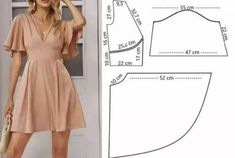 a woman in a short dress is standing next to a sewing pattern