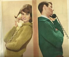 an old photo of a man and woman talking on telephones, one holding the phone up to her ear