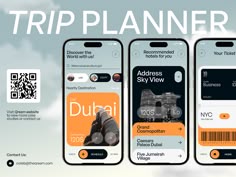 three smartphones with different airline id cards on them, and the text trip planner