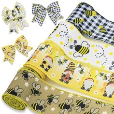 bees and flowers on yellow ribbon with matching bows