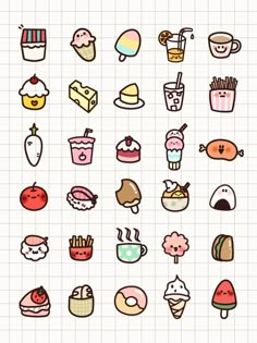 an image of different kinds of food and drinks on a gridded paper with lines in the background