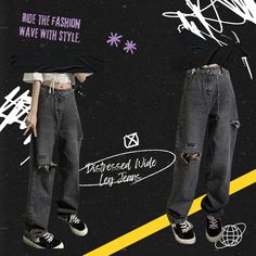 Step into the ultimate comfort and style with our Distressed Wide Leg Jeans! You'll exude effortless coolness and confidence, making a statement everywhere you go. The distressed details add edginess, while the wide leg design offers a trendy, flattering fit. 🖤

#grunge #gothoutfit #grungefashion #punkfashion #twomoody #twomoodygirls Distressed Wide Leg Jeans, Emo Clothes, Goth Outfits, Leg Design, Grunge Fashion, Punk Fashion, Wide Leg Jeans, Travel Essentials, Aesthetic Clothes