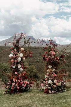 an outdoor ceremony setup with flowers and greenery in front of a mountain range on a cloudy day