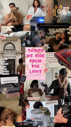 a collage of photos with people and words on them that say things we hide from the light