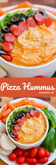 pizza hummus dip in a white bowl with carrots and tomatoes on the side