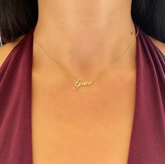 "14k Gold Name Necklace * Custom Name Necklace * Material : 14k Solid Gold - 8k Solid Gold * Finish : White Gold - Yellow Gold - Rose Gold * Production Method : Laser and handmade processes * Lenght: Adjustable Between 14 inch - 22 inch *Lowercase Height : 5 mm A Necklace that your neck will seriously loveee. This name necklace is perfect for everyday. * 100% Handmade for your size * All jewelry comes in beautiful packaging, gift ready. * All items are made to order in Turkey. * Our current proc Custom Name 14k Gold Jewelry, Gold Nameplate Necklace In Fine Jewelry Style, Fine Gold Nameplate Necklace, Personalized 14k Gold Fine Jewelry Necklaces, Personalized 14k Yellow Gold Necklaces, Custom Name 14k White Gold Jewelry, 14k Gold Custom Name Pendant Jewelry, 14k Gold Pendant Name Necklace Fine Jewelry, 14k Gold Nameplate Necklace In Fine Jewelry Style