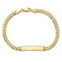 10KT Yellow Gold 7" 5.38MM Curb ID BraceletThe curb style is a simple and classic design of flat interlocking identical links whereas Miami Cuban link is round bolder and much thicker on both sides unlike the curb style. They are considered a gender-neutral style of jewelry worn by both men and women. Personalized Gold Bracelet, 10k Gold Bracelet, Gender Neutral Style, 2024 Jewelry, Happy December, Bracelet For Her, Miami Cuban Link, Miami Cuban, Gold Flats