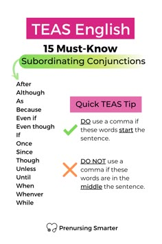 a poster with the words teas english and subordinating conjunctions on it