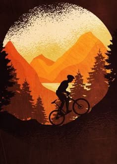 a man riding a bike on top of a wooden floor next to a forest filled with trees