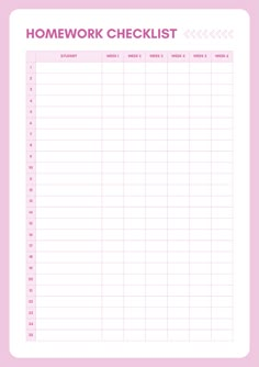 the printable homework checklist is shown in pink