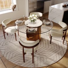 a round glass table with white chairs around it in a kitchen next to an oven